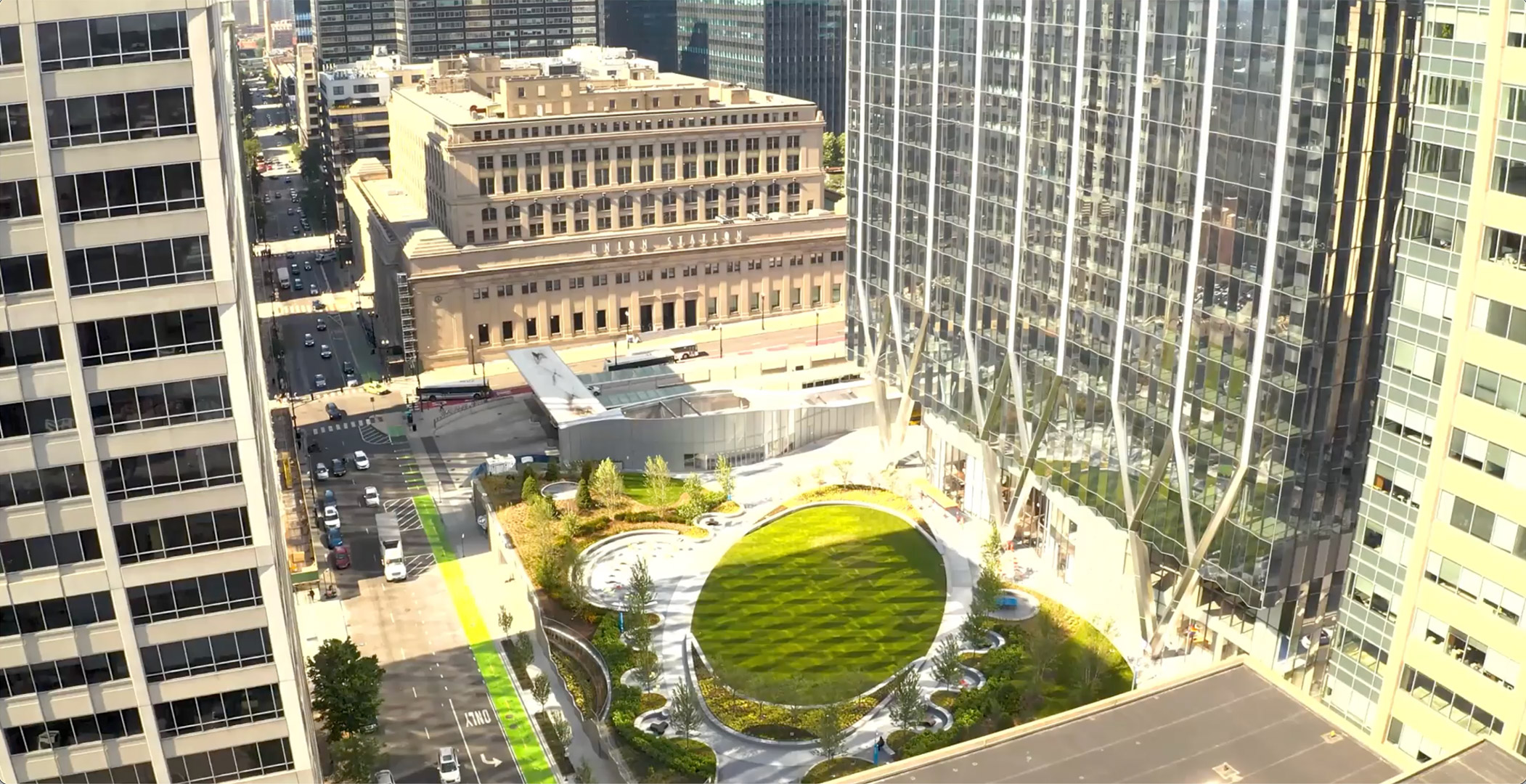 a 3d rendering of a lush, designer park in the middle of a city