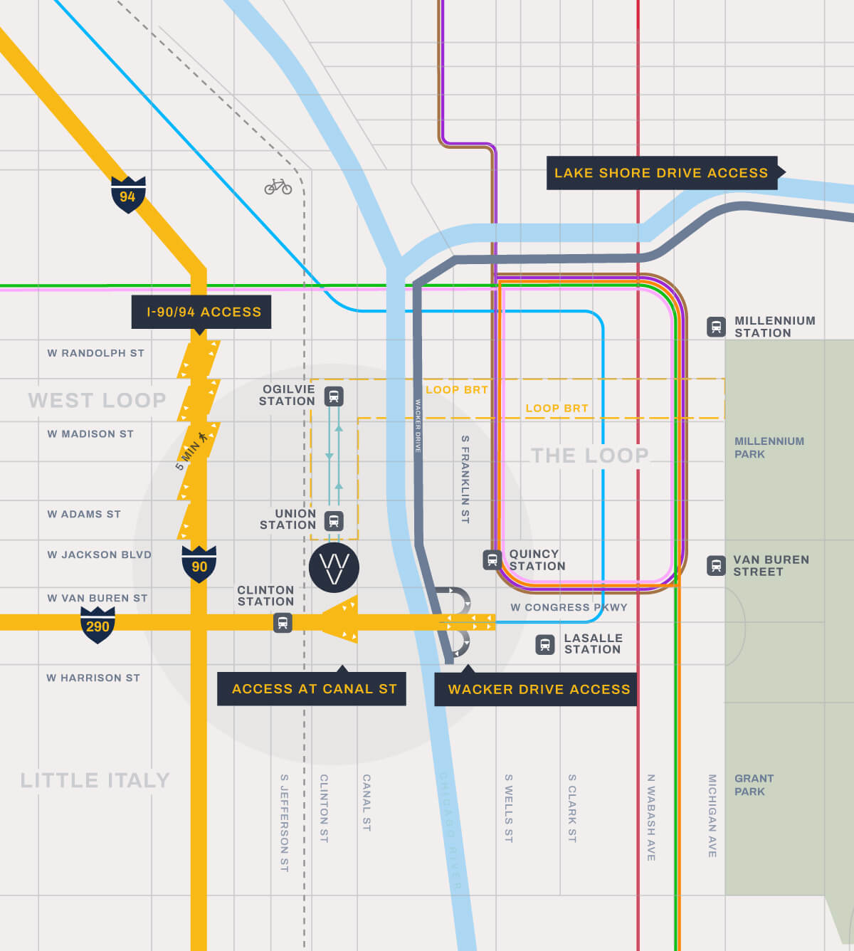 A map of the location of the 320 South Canal tower in Chicago Il